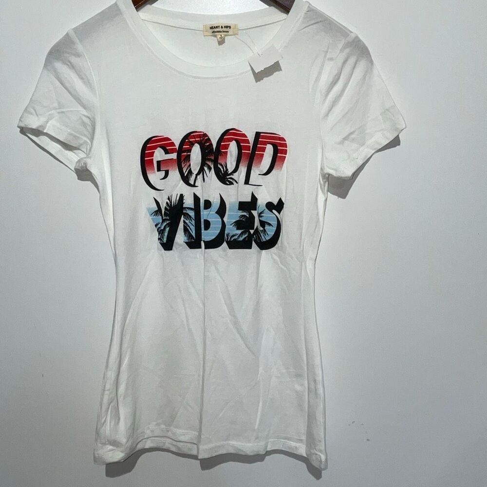 Heart & Hips Women's White Good Vibes Crew‎ Neck Tunic T-Shirt Small NWT